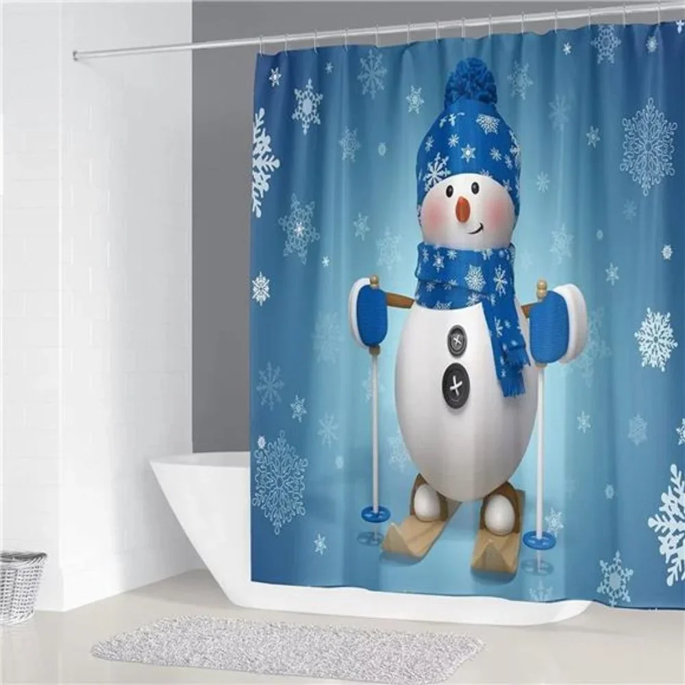 4Pcs Christmas Snowman Shower Curtain Sets Winter Snowflake w/ 12 Hooks, 70.8×7
